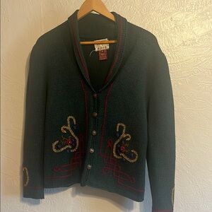Susan Bristol Vintage Pure Wool Green Cardigan with Hand Embroidered Details M